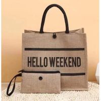 ✑?(B-762)?กระเป๋าสาน กระเป๋าถือ 2in1 HELLO WEEKEND