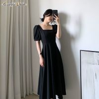 Hepburn style little black dress female 2023 summer new French r square neck long over-the-knee puff sleeve