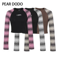 PEAR DODO ฉบับภาษาเกาหลีคอกลมตัวอักษรเย็บปักเสื้อแขนยาวมือหนึ่งสำหรับผู้หญิง