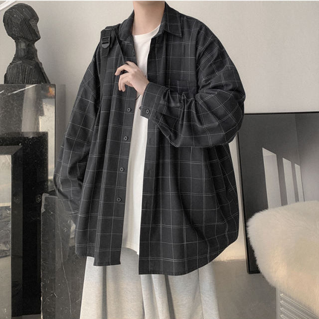 jk-court-เสื้อญี่ปุ่นอเนกประสงค์เสื้อคลุมบางๆ-เสื้อแนวเรโทรฉบับภาษาเกาหลีเสื้อแขนยาวรัดรูปทรงหลวมสไตล์เสื้อเชิ๊ตชายลายสก็อต