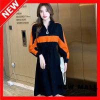 NEW MALL 2022 Korean Version Of The Half Turtleneck Contrast Color Stitching Dress Waist Tie Large Size Long Sleeve Solid Color A-Line Skirt Women