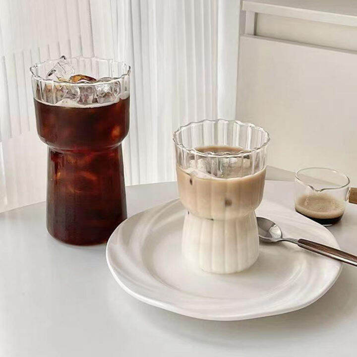 1pc Transparent Striped Glass Coffee Cup With Lid & Glass Straw For Juice &  Iced Tea