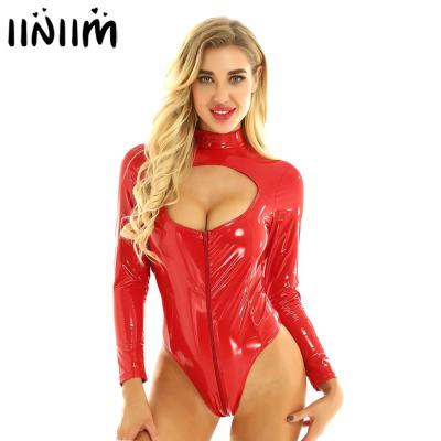 Womens Female Lingerie Open Breast Hollow Out Bodysuit Catsuit Wetlook Leather Body Latex Costume Pole Dancing Rave Clubwear
