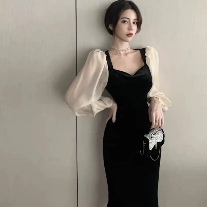 Dress Velvet Korea Import Terbaru Harper Velvet Dress Lengan Panjang Puff Two Tone | Lazada Indonesia
