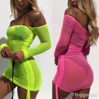 【CW】♕☑✹  Sleeve Beach Color Mesh Sheer Bodycon Womens Transparent See Through Short Vestidos