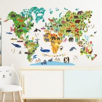 Animals World Map Wall Stickers for Boys Children Bedroom Kids room Wall Decor Removable Sticker for Kindergarten Classroom DIY Window Sticker and Fil