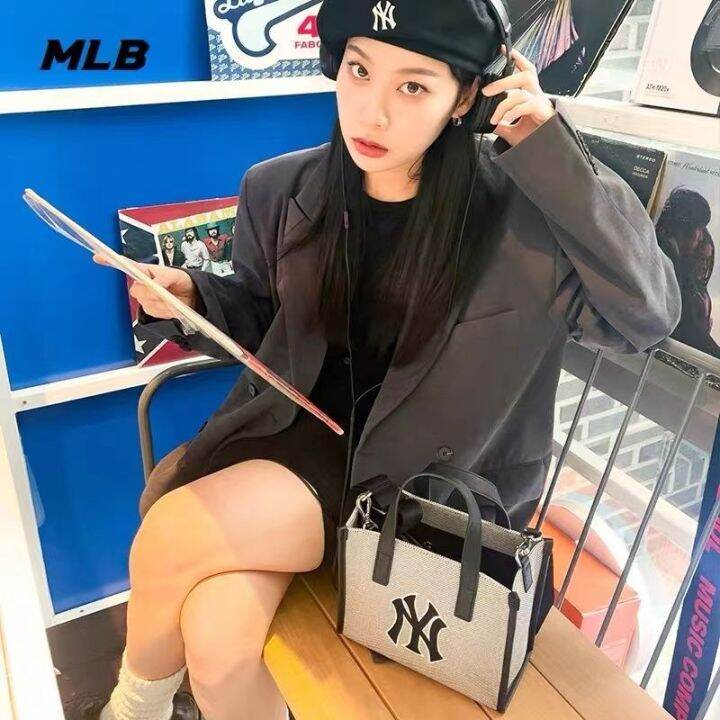 mlb-official-ny-popular-new-product-korean-ny-square-bag-womens-summer-yankees-canvas-embroidery-large-capacity-all-match-one-shoulder-messenger-bag