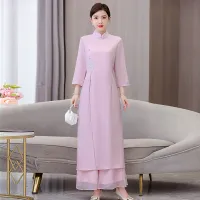 2023 summer new womens dress Chinese style Hanfu set tray buckle improved cheongsam top female summer Zen tea dress Haberdashery