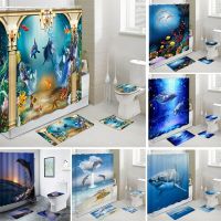 Dolphin Bathroom Decor Waterproof Shower Curtain Set Toilet Seat Cover Non-Slip Bath Mat Rug Carpet Polyester Fabric Washable