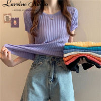 LAREINE เสื้อถักแขนสั้นเข้ารูปสำหรับผู้หญิง,2023เสื้อยืดสั้นฤดูร้อนใหม่