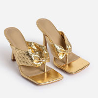 Fashion Slippers High-Heels Bow Flip Flops Sandals Shoes Women Summer Silver Gold Bling Square Toe Ladies Shoes Casual Size 42