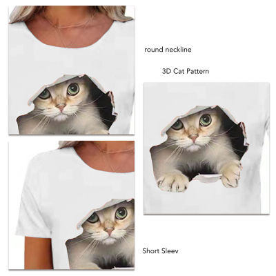 คอกลมเสื้อยืดลายแมวแฟชั่นระบายอากาศได้สวยเสื้อยืดเป็นมิตรกับผิวสำหรับช้อปปิ้งสำหรับผู้หญิง