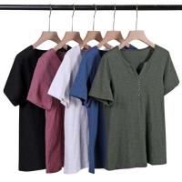 QianXing Shop Short Sleeve T-shirt Womens V-neck Loose Slim Summer Korean Version Large Solid Simple Half Sleeve Top