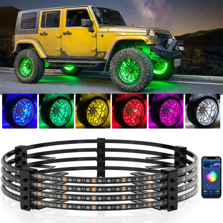 MICTUNING 15.5'' V1 RGBW LED Wheel Ring Lights Kit with APP Control, Pure  Colors Neon Wheel Rim Lights w/Turn Signal and Braking Function, Music Sync  Mode (Pack of 4, Single Row)