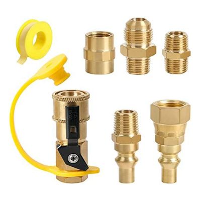 RV Propane Quick Connect Fitting Adapter Valve RV Propane Quick Connection Adapter Brass RV Propane Quick Connection Adapter 1/4 Inch Male NPT Full Flow Plug &amp; 3/8 Inch Male Flare Quick Kit