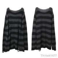 【hot】▩◇  ZMZBCH New Punk Gothic Sweater Striped Hollow Out Hole Broken Loose Thin Streetwear