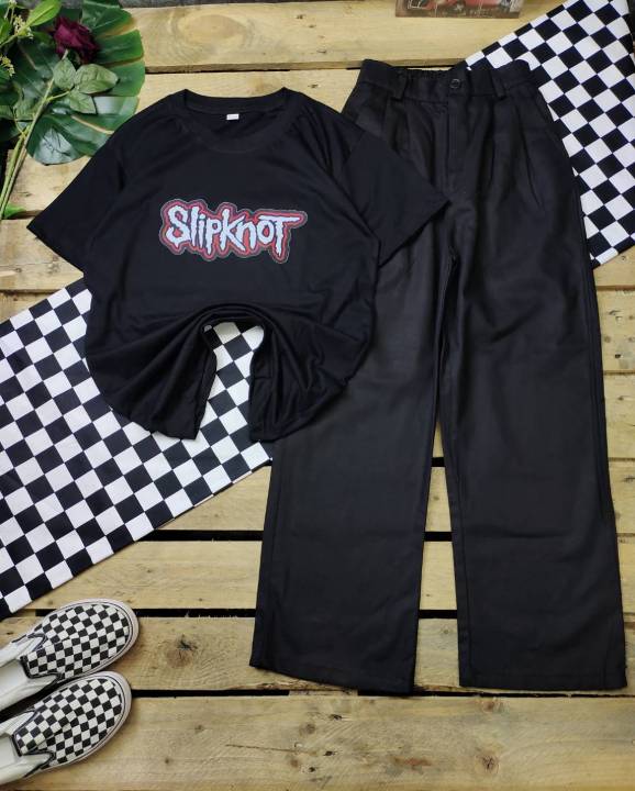 เซ็ท-สายดาร์ก-กางเกงลุงสีดำ-เสื้อยืดสีดำสกรีนลายสีเข้มๆ