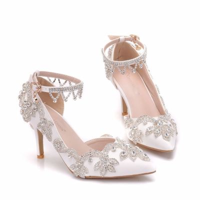 8 cm big yards with cusp sandals sandals fine white diamond wedding shoe women high heels side empty 2
