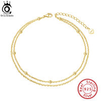 ORSA JEWELS Double Layers Bead Station สร้อยข้อเท้า Layered Bead &amp; Salite Cable Chain Anklets 925 Sterling Silver Foot Jewelry SA14