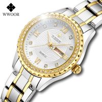 Montre Femme 2023 WWOOR แบรนด์ชั้นนำนาฬิกาเพชรสุดหรูสุภาพสตรีนาฬิกาทองนาฬิกากําไลควอตซ์เหล็กเต็มรูปแบบสำหรับผู้หญิง Reloj Mujer HP ร้านค้า