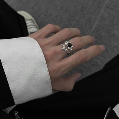 แหวนผู้ชายห่อแหวนสีดำเข้มที่มีการออกแบบหนามและปรับเปิดแหวนหรูหราสำหรับผู้ชายแหวน ForWomenBoys เครื่องประดับ