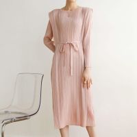 2023 Hot Miyake style pleated dress for women spring and summer style elegant strappy waist slimming solid color mid-length bottoming skirt