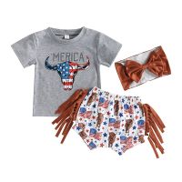 Summer Toddler Infant Baby Girl 4th of July Clothing Outfits Short Sleeve Cow Print T-shirt + Shorts + Headband Set  by Hs2023