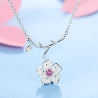 [COD] Korean version of silver-plated Mori literature and art cherry blossom necklace female students simple pink crystal clavicle chain wholesale