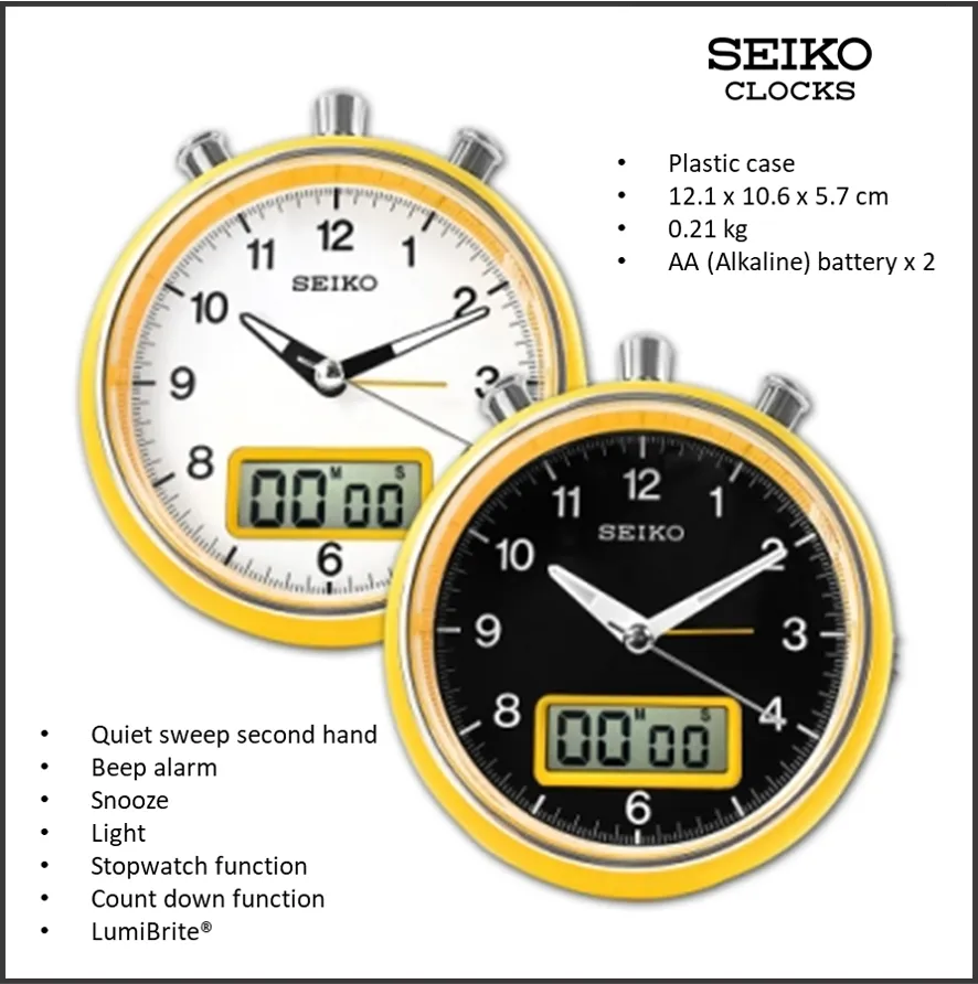 Seiko Unique Table Clock with Timer & Stopwatch (QHE114E | QHE114Y) |  Lazada Singapore