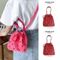 Summer Love Embroidery Pink Messenger Bag Girls 2023 New Trendy Portable Denim Drawstring Bucket Bag Niche 【BYUE】