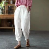 Disc Buckle Flax Summer Cargo Pants Women Plus Size Elastic Waist Slimming Haren Pants Stitching Pants Female Joggers Streetwear