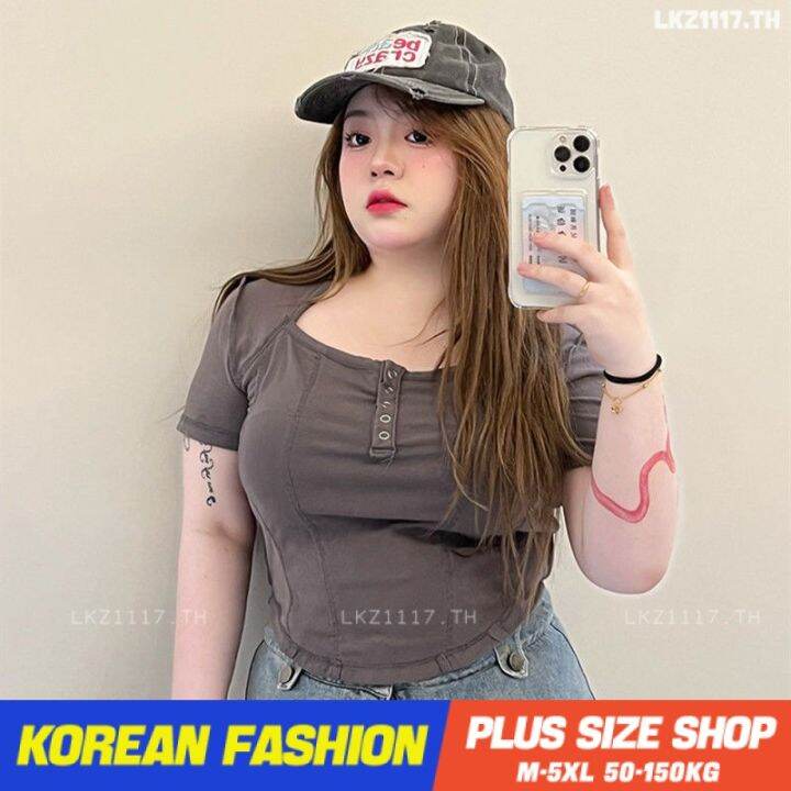 plus-size-เสื้อผ้าสาวอวบ-เสื้อยืดสาวอวบอ้วน-ไซส์ใหญ่-ผู้หญิง-แขนสั้น-เสื้อยืดครอป-ทรงสลิมฟิต-แขนสั้น-คอเหลี่ยม-ฤดูร้อน-สไตล์เกาหลีแฟชั่น