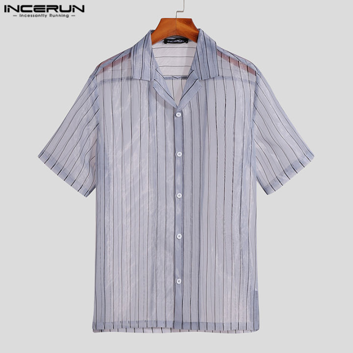 incerun-เสื้อยืดผู้ชายซีทรูแขนสั้นลายทางเสื้อทีเสื้อวันหยุด-ชุดลำลอง-3