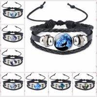 อุปกรณ์เสริมคลาสสิก Wolf Totem Wolf Pattern จี้แก้ว Cowhide สร้อยข้อมือปรับความยาวเชือกมือของขวัญสำหรับ Family