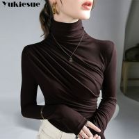 Pleated Stretch T-shirt New Spring Autumn Turtleneck Bottoming Pullover Womens Casual Elegant Basic Top Shirts Harajuku Gothic