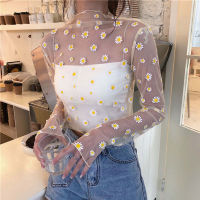 ผู้หญิง Daisy พิมพ์ลูกไม้ Sheer Tops เซ็กซี่ Tees แขนยาวบางเสื้อตาข่ายแฟชั่นสุภาพสตรี Top 2023ฤดูร้อนครีมกันแดดเสื้อ Blusas