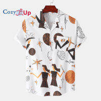 Cozy Up เสื้อแขนสั้นผู้ชาย,ลายการ์ตูนผ้าบาติกกระดุมแถวเดียวสวมใส่สบาย