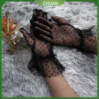 CHUAN 2Pcs ตาข่ายแบบตาข่าย ถุงมือผ้าบางพิมพ์ลายจุด 2สีค่ะ ลูกไม้เซ็กซี่ยืด ถุงมือตาข่ายสีขาวดำ ถุงมือทรงดอกบัว นิ้วเต็มนิ้ว ถุงมือผู้หญิงฤดูร้อนฤดูใบไม้ร่วง ผู้หญิงที่สง่างาม