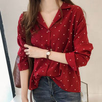 Women Long Sleeves Lapel T-shirt Casual Loose Polka Dot Tunic Tops Single Breasted Cardigan Chiffon Blouse