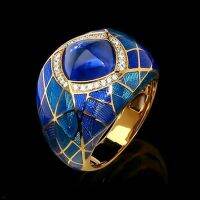 European and American Fashion Blue Gemstone With Zirconium Diamond Large Ring For Women Vintage Design Sense Jewelry