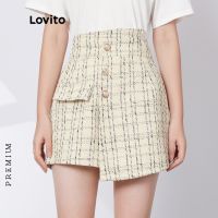 กางเกงขาสั้น กางเกงผู้หญิง กางเกงขาสั้น ผญ Lovito กางเกงขาสั้นลําลอง ลายสก็อต เอวไม่สมมาตร L29AD069 (สีขาวออฟไวท์)