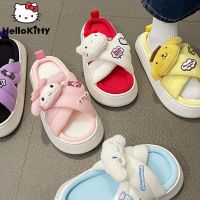 HOT★Sanrio Hello Kitty Kuromi Flat Shoes For Women Y2k Leisure Slippers Cute Doll Home Shoes Summer 2023 Japan Thick Heels Sandals