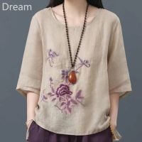 Cotton and linen top womens ethnic style embroidery large size loose retro Chinese womens T-shirt V729