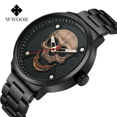 （A Decent035）WWOOR Fashion PirateSkullMen TopLuxury MenStainless SteelWrist WatchesMen Clock