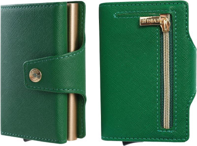 LAIRTTE Credit Card Wallet Business Card Holder Pop-up Card Wallets Leather Slim RFID Blocking Trigger Wallet Photos Available MIinimal Wallet (Green) Green Cross pattern