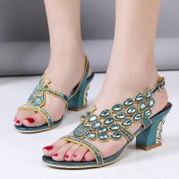 Big Size Genuine Leather Women Summer Rhinestone Square High Heels Ladies Wedding Party Shoes Sexy Crystal Green Sandals X0006