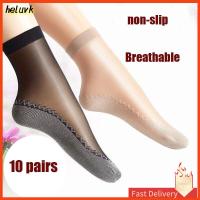 HELUVK KAOS Kaki Pendek Mata Kaki นวดเท้าบางเฉียบยืดหยุ่นของผู้หญิง10คู่ฤดูร้อนพื้นแก้วผ้าไหมกำมะหยี่