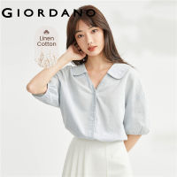 HOT”GIORDANO ผู้หญิง เสื้อเชิ้ตลำลองผ้าฝ้ายลินินทอคอตุ๊กตาแขนพองแบบบาง Free Shipping 13343310