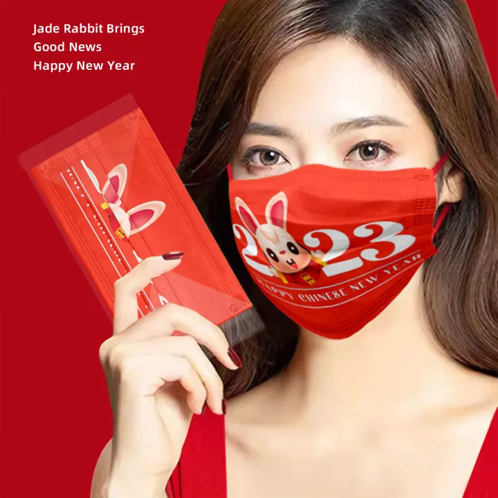 [pantorastar] 10PCS 2023 Chinese New Year Face Mask Adult 3D Face Mask Cartoon Rabbit Printed 3ply Non-woven Protection Dustproof Comfortable Breathable Reusable Washable Face Mask-Individually packag