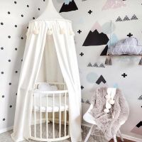 【CW】 Nordic Summer children  39;s room decoration chiffon mosquito net Baby Bed Canopy Round Pompom Dome Hanging Mosquito Net Play Tent